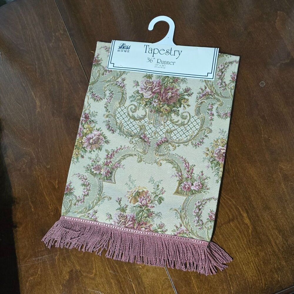 Vtg Bess Home Tapestry Table Runner With Floral Design Fringe 36" Victorian USA
